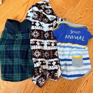 Dog Clothes Bundle - Plaid Fleece Vest - Reindeer Onesie - Polo - Size S/M